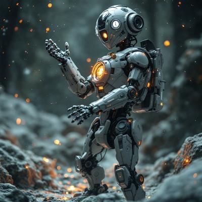 The primary subject of the image is a robot, which is standing in a snowy environment. The robot is wearing a backpack and has a futuristic appearance. The setting is a snowy landscape, and the visual style is a combination of photo and digital art. The dominant colors in the image are white and gray, giving it a cold and futuristic mood.